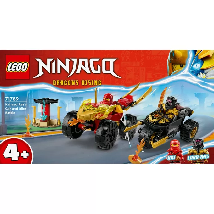 LEGO Klocki Ninjago 71789 Bitwa samochodowo-motocyklowa między Kaiem a Rasem