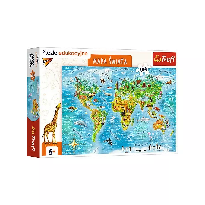 Puzzle 104 elementów Edukacyjne Mapa świata dla dzieci