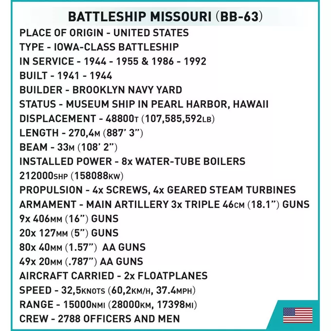 Cobi Klocki Klocki Historical Collection Battleship Missouri (BB- 63)